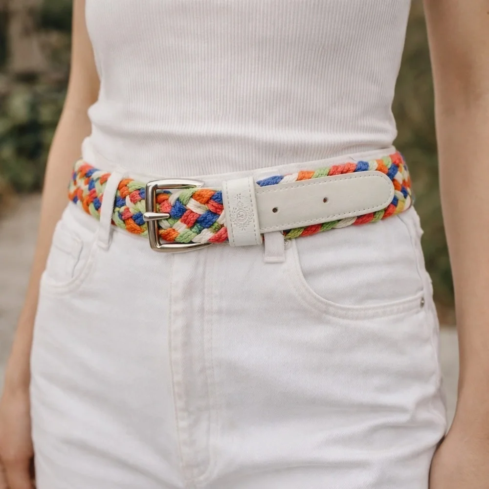 Vintage 1980s Liz Claiborne Braided Belt | Multicolor Cotton White Leather Trim